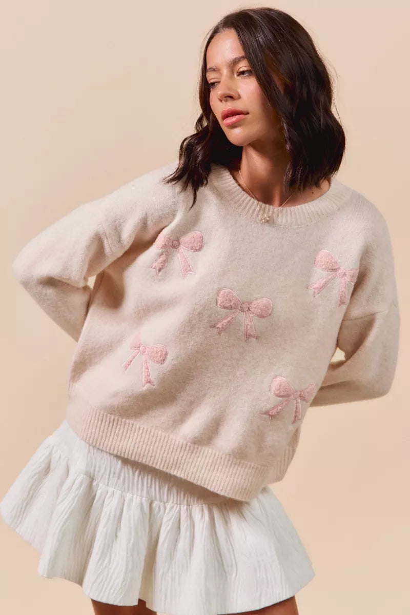 Blush So Me Embroidered Ribbon Round Neck Sweater