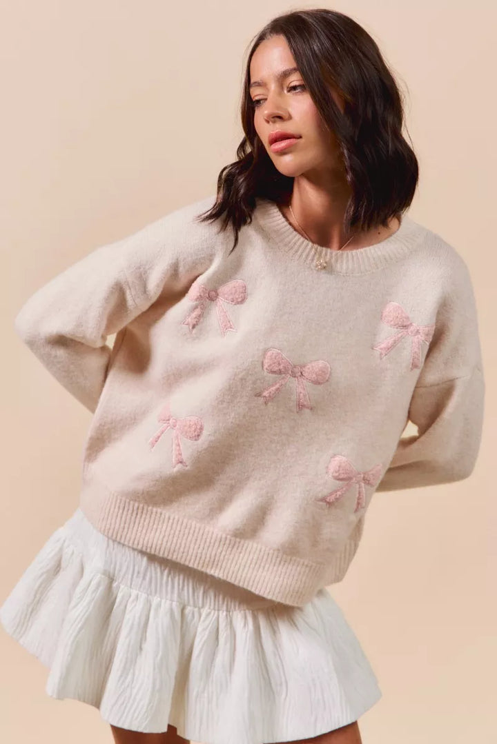 Blush So Me Embroidered Ribbon Round Neck Sweater