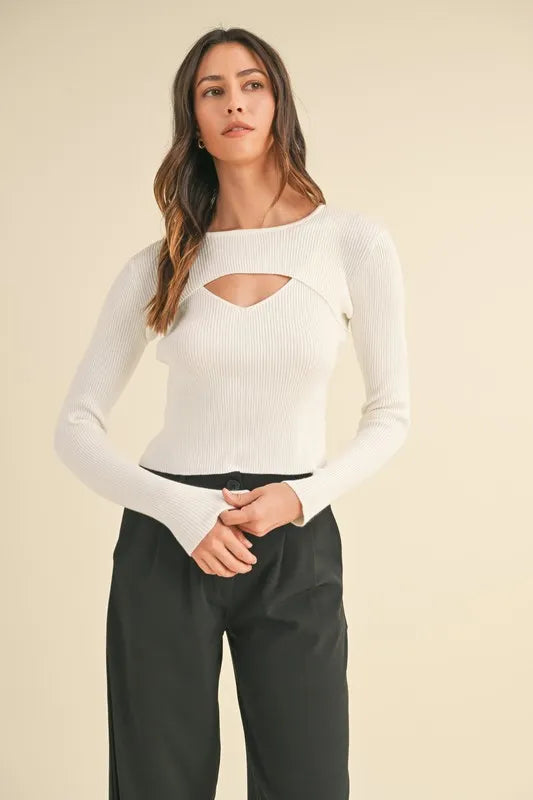 Off White Mable Cut Out Long Sleeve Ribbed Knit Top