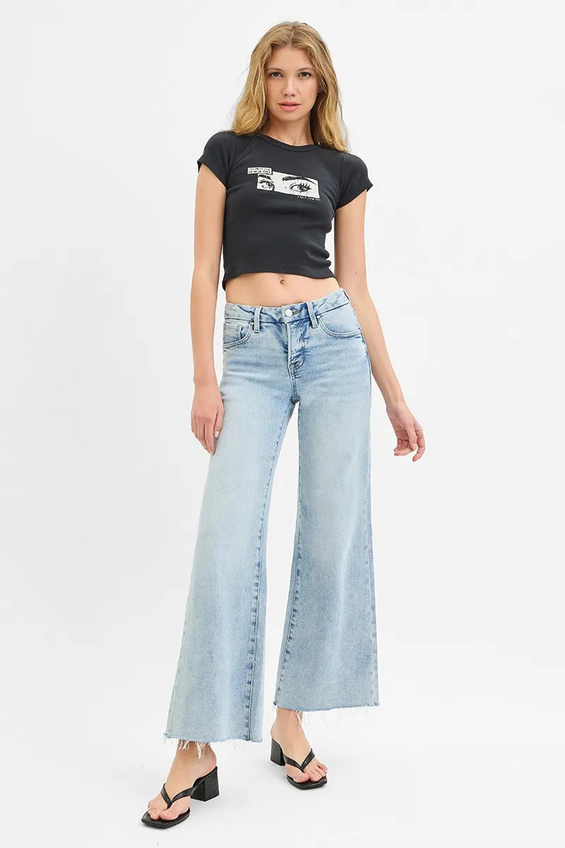 Light Risen Full Size Tummy Control Low Rise Wide Leg Raw Cut Hem Jeans Plus Size