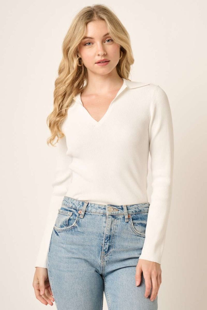 Ivory Mittoshop Polo Long Sleeve Ribbed Knit Top