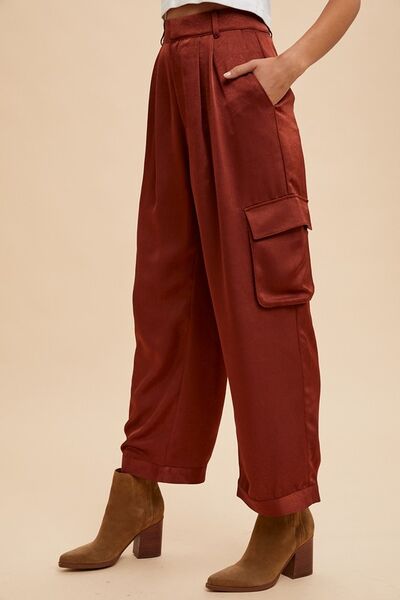 Burgundy Annie Wear Wide Leg Cargo Satin Pants 1
