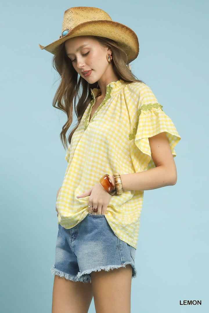 Lemon Umgee Gingham Lace Trim Top 1