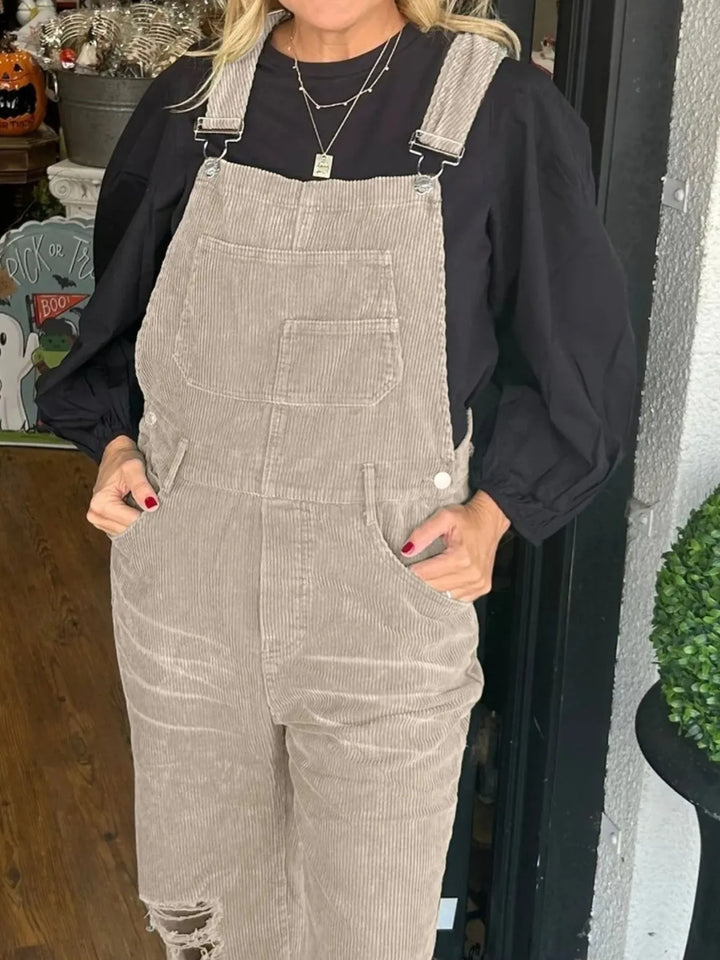 Brick Red Distressed Wide Leg Corduroy Overalls