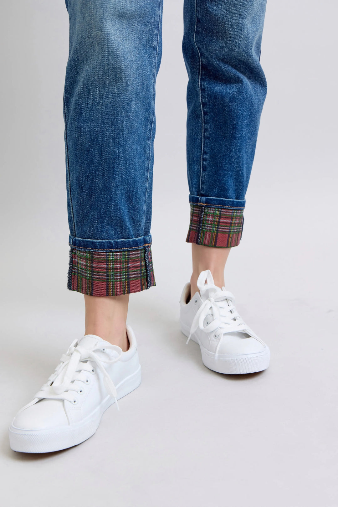 Medium Judy Blue Full Size Mr Plaid Print Cuff Bf Jeans Plus Size