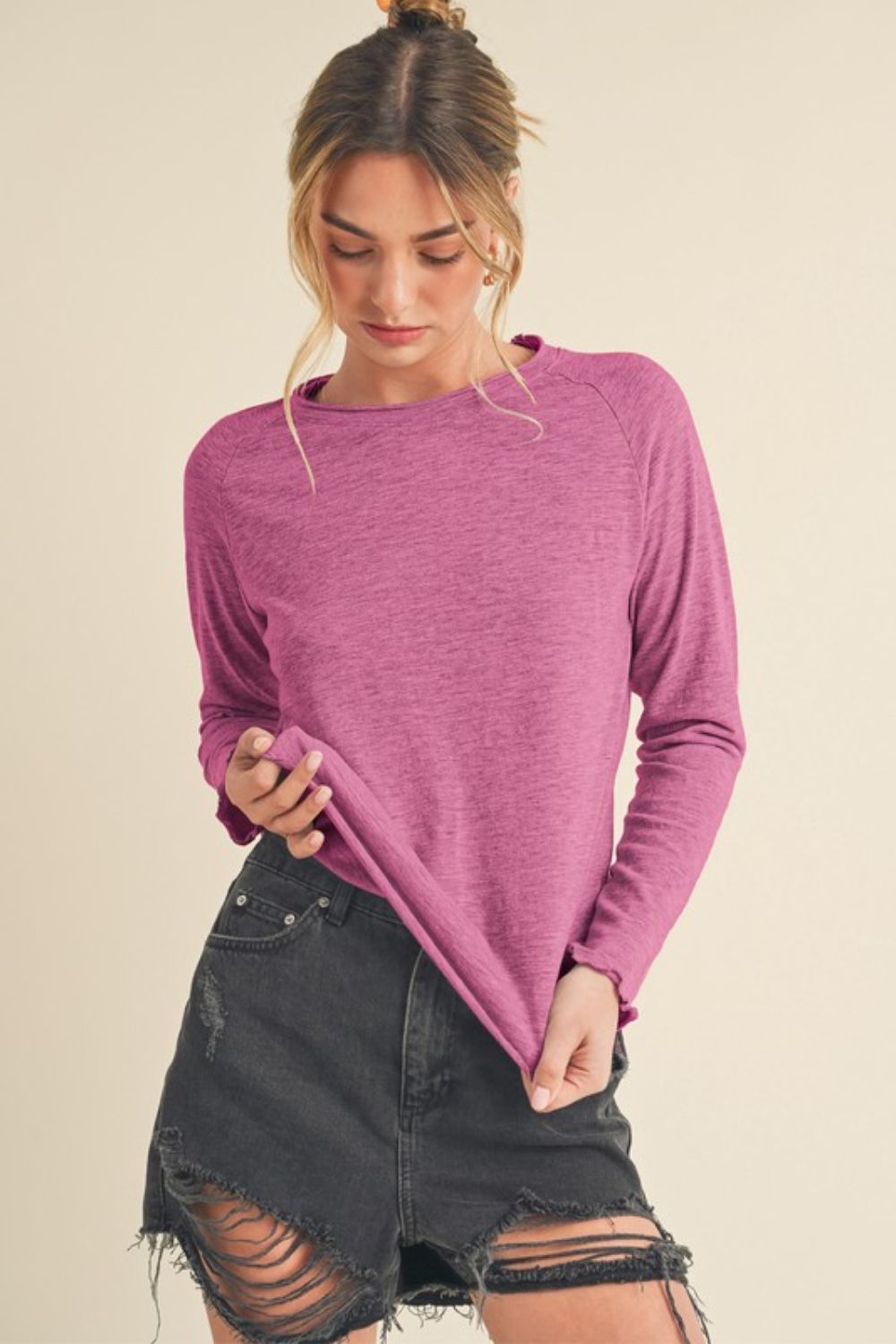 Red-Violet Aemi Co Lettuce Hemline Round Neck Raglan Sleeve T Shirt