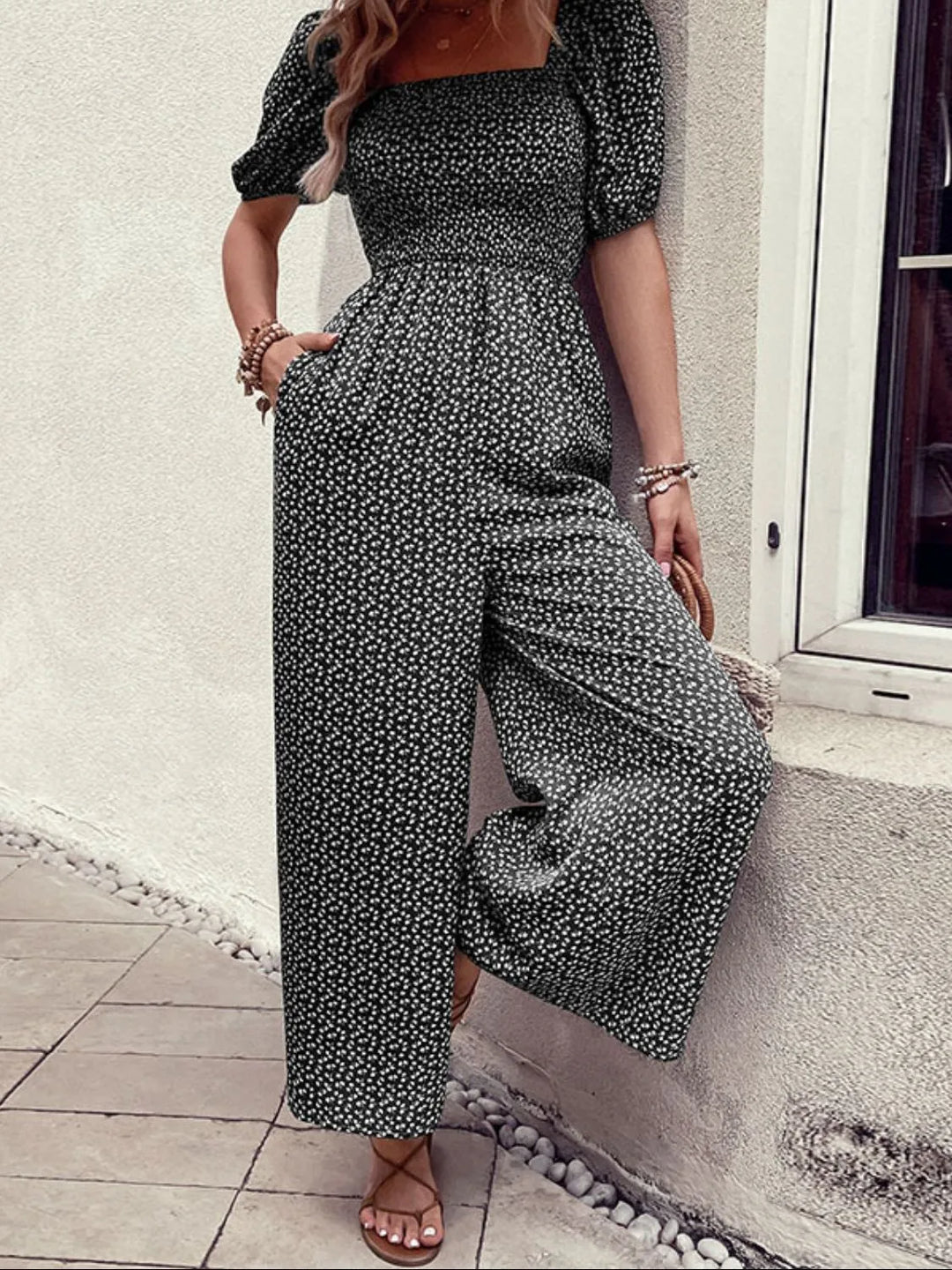 Black Printed Square Neck Puff Sleeve Jumpsuit 1