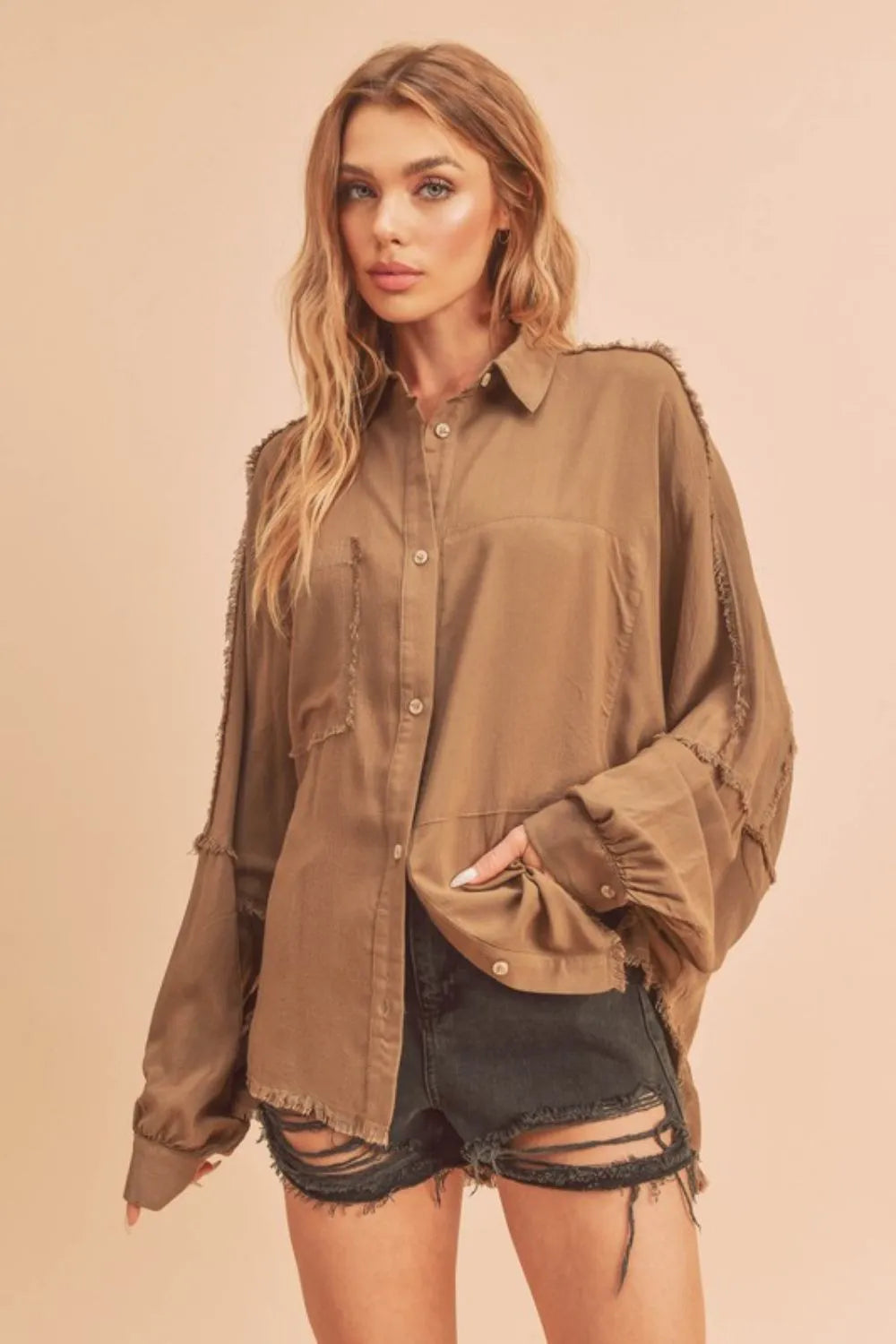 Camel Aemi Co Raw Edge Exposed Seam Collared Neck Long Sleeve Shirt