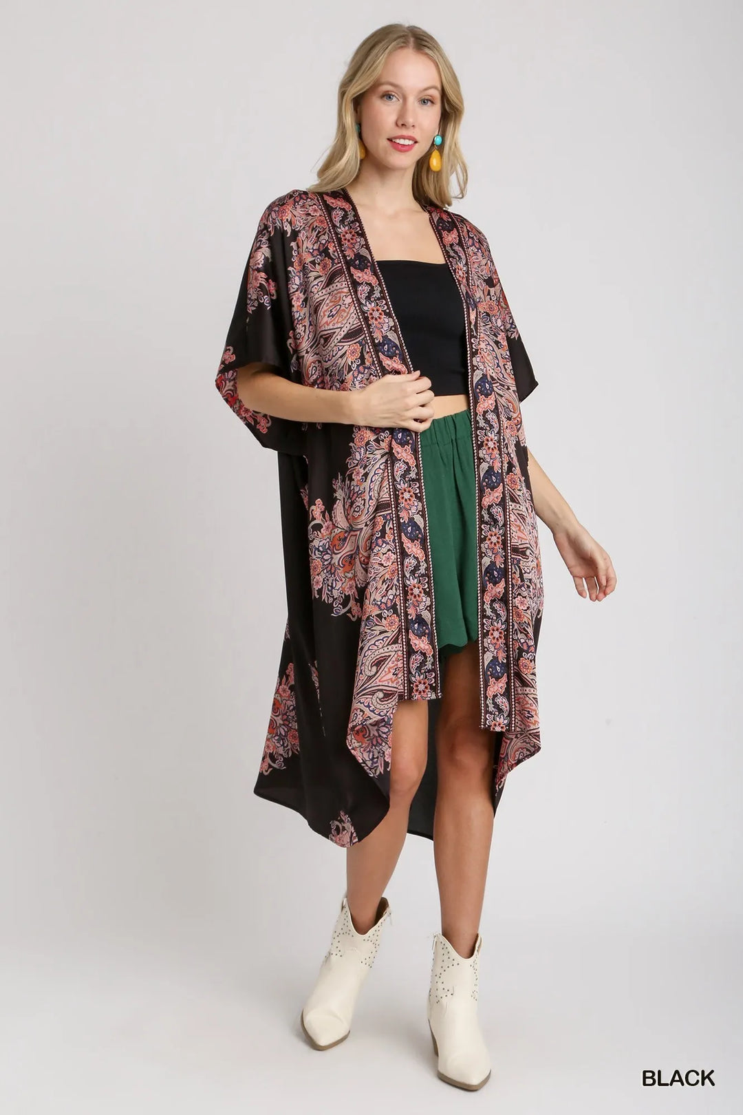 Umgee Satin Border Print Short Sleeve Open Front Kimono