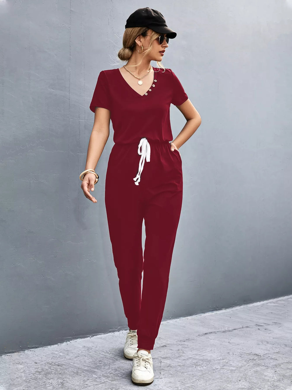 Burgundy Casual V Neck Short Sleeve Drawstring Waist Jumpsuit