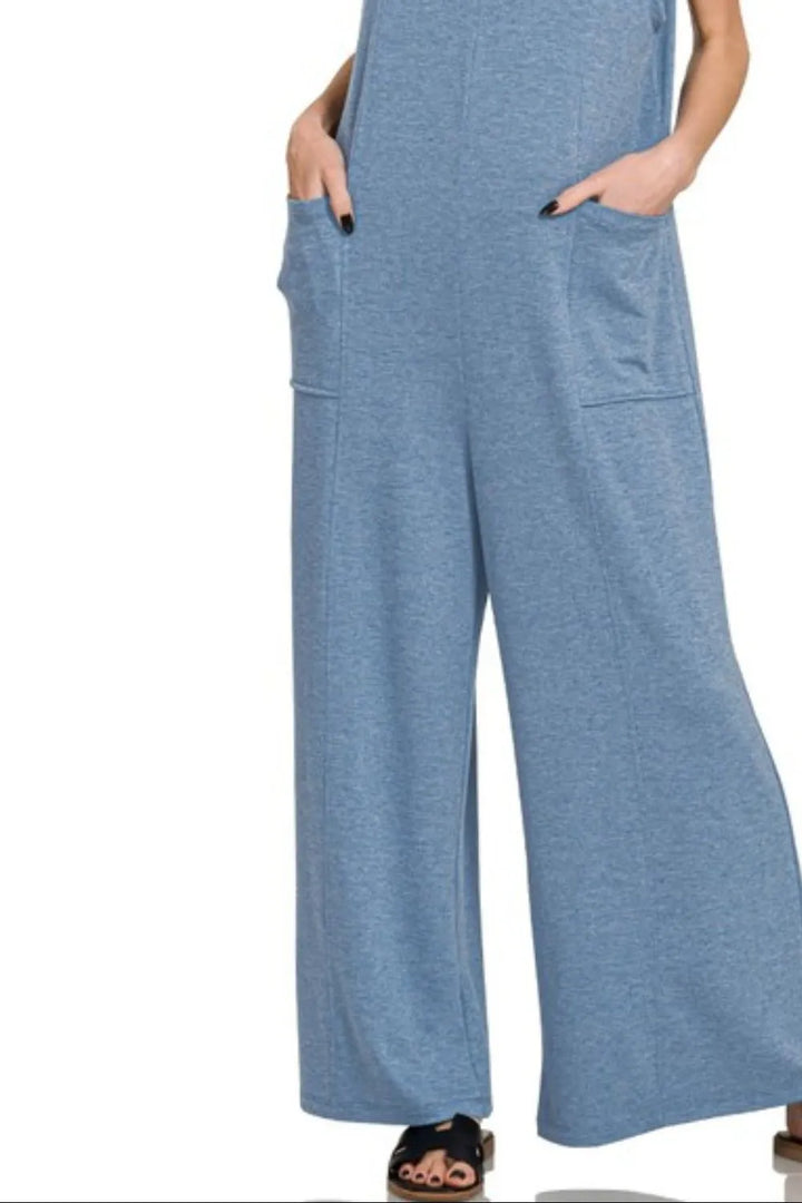Dusty Blue Zenana French Terry Deep V Neck Jumpsuits 1