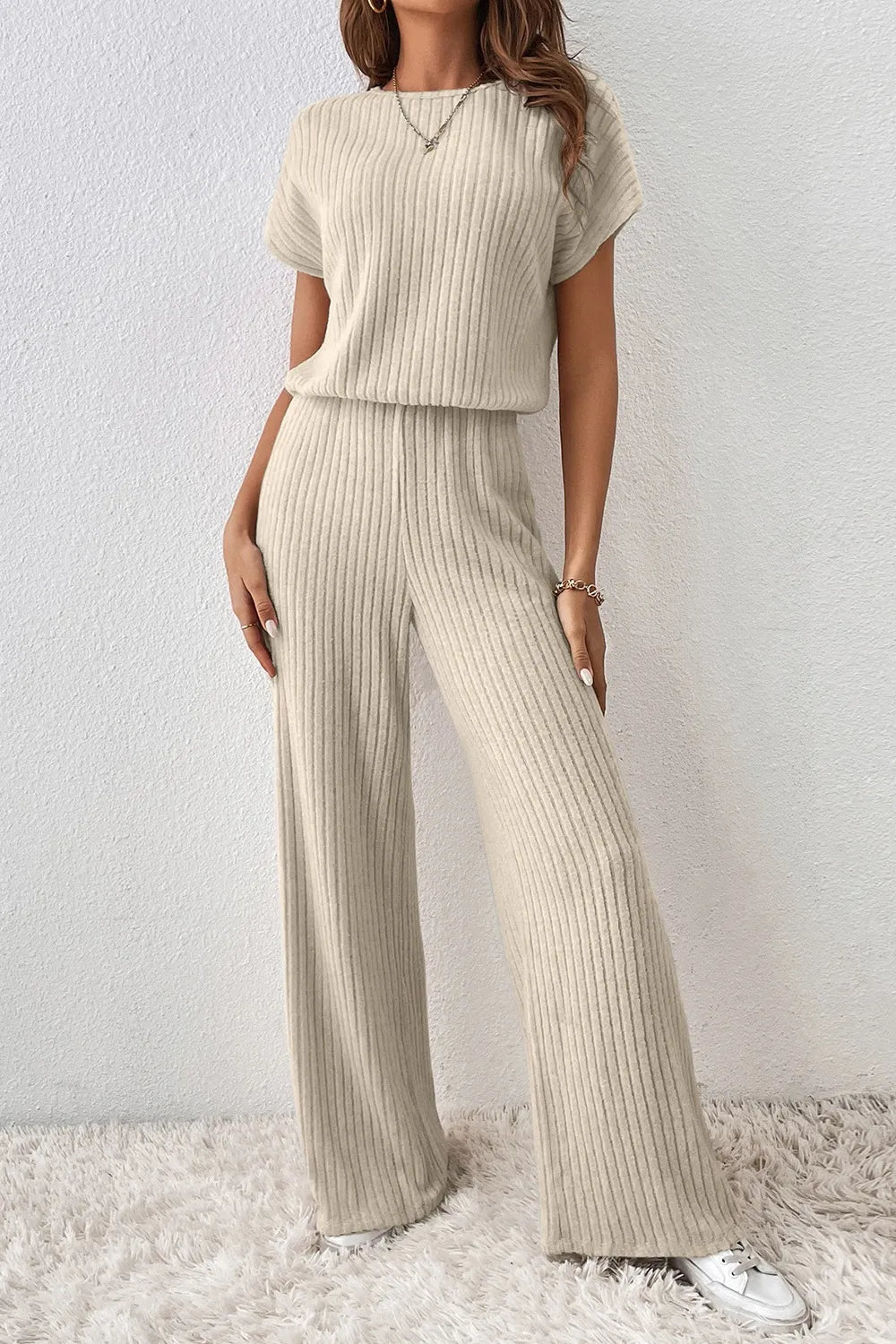 Beige Ribbed Knit Wide Leg Jumpsuit