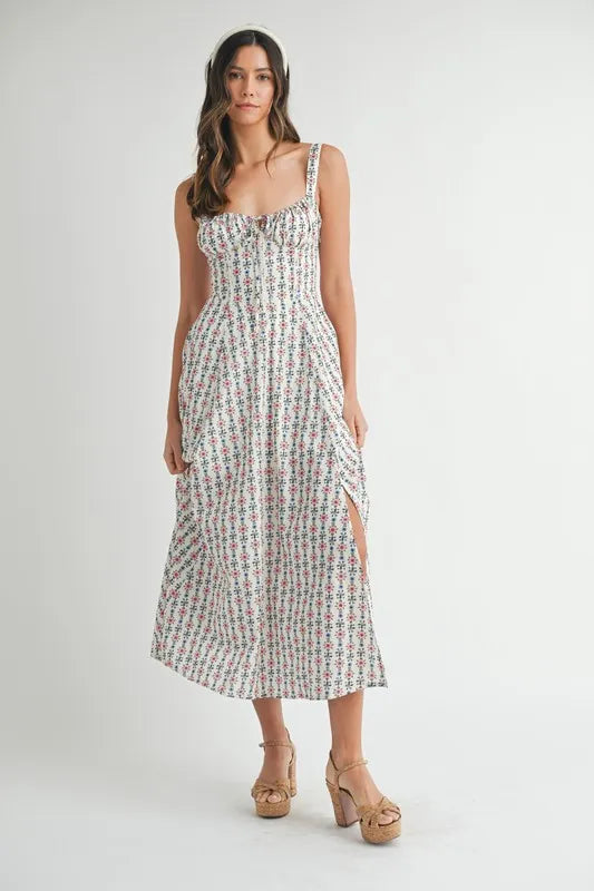 Cream Mable Floral Print Bustier Back Lace Up Midi Dress 1