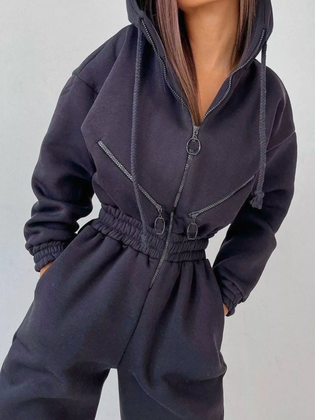 Grey Hooded Zip Up Long Sleeve Jumpsuit