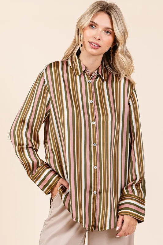 Mauve Multicolor Mittoshop Striped Button Down Satin Shirt