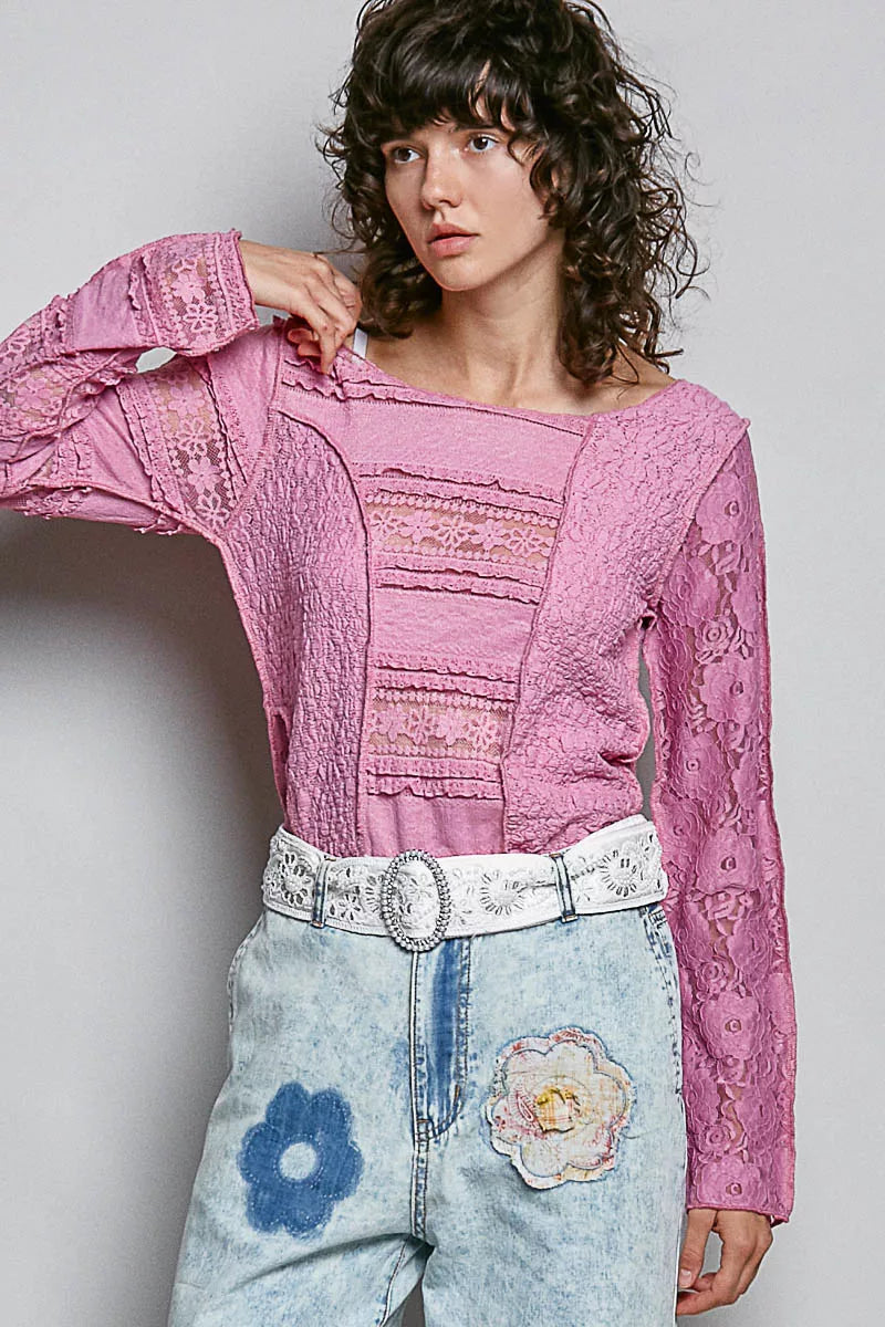 Rose Pink Pol Round Neck Long Sleeve Exposed Seam Top With Lace Detail 1