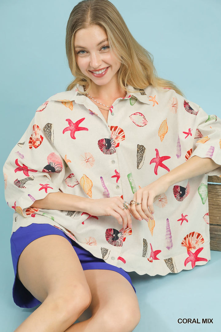 Umgee Seashell Starfish Print Button Down Top
