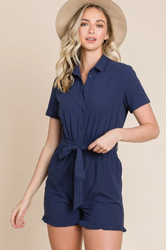 Lime N Chili Collared Button Down Romper With Tie Belt