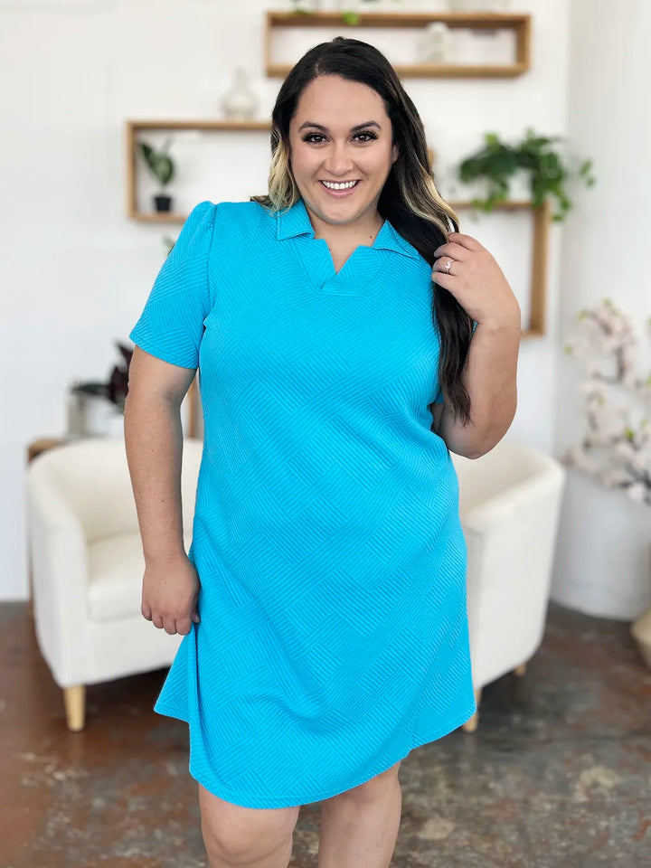 Sky Blue Double Take Full Size Texture Collared Neck Short Sleeve Dress 1