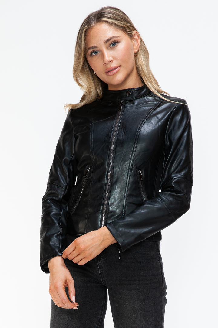 Snobbish Faux Leather Zip Up Drawstring Hooded Jacket 1