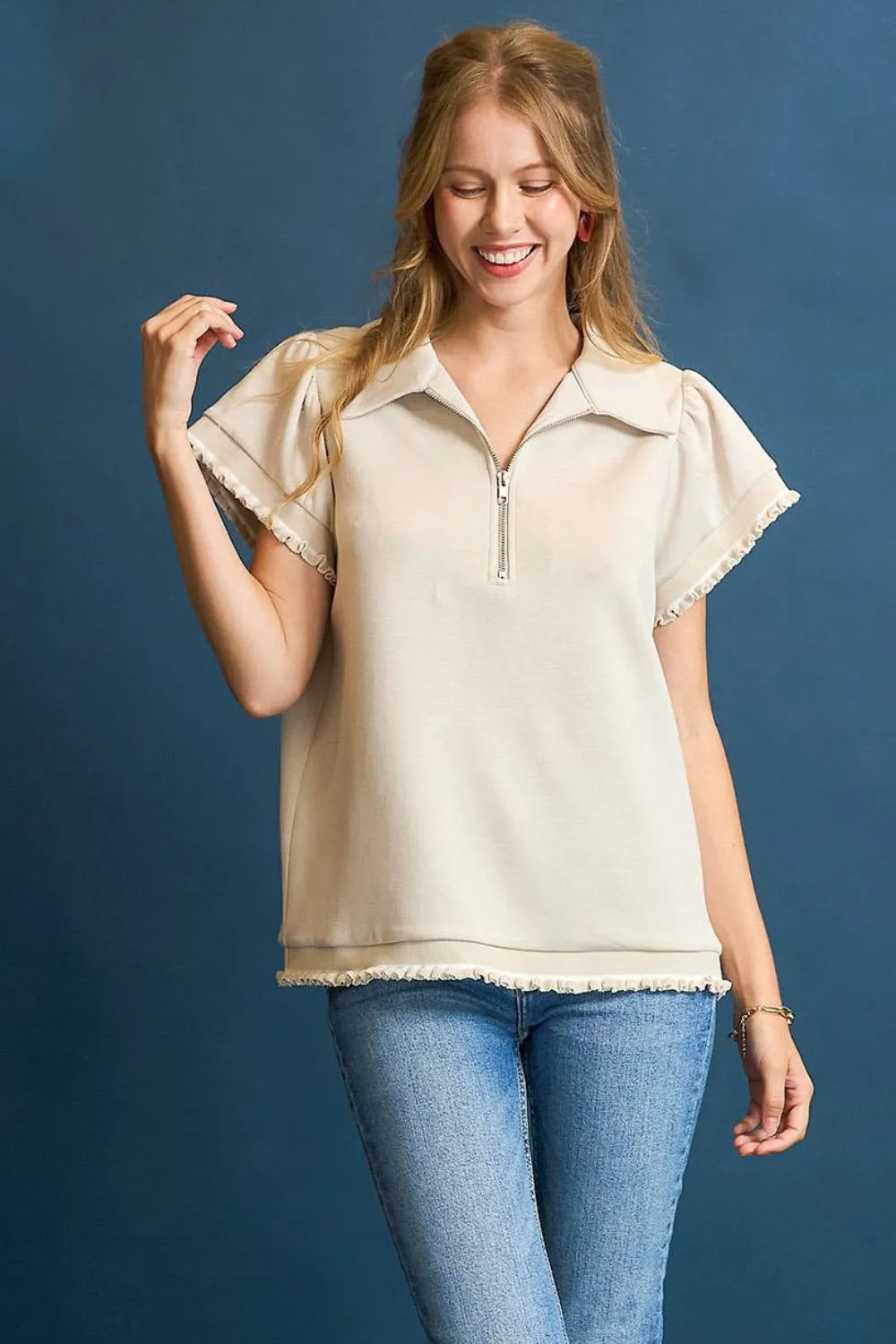 Cream Umgee Frill Hem Half Zip Collared Blouse
