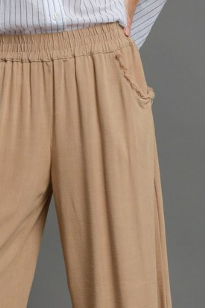 Camel Umgee Full Size Linen Blend Elastic Waistband Wide Leg Pants Plus Size