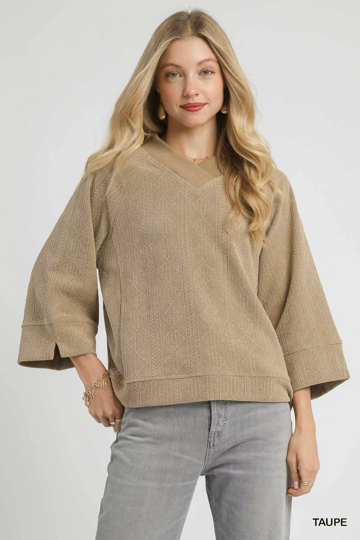 Taupe Umgee Textured Knit V Neck Top