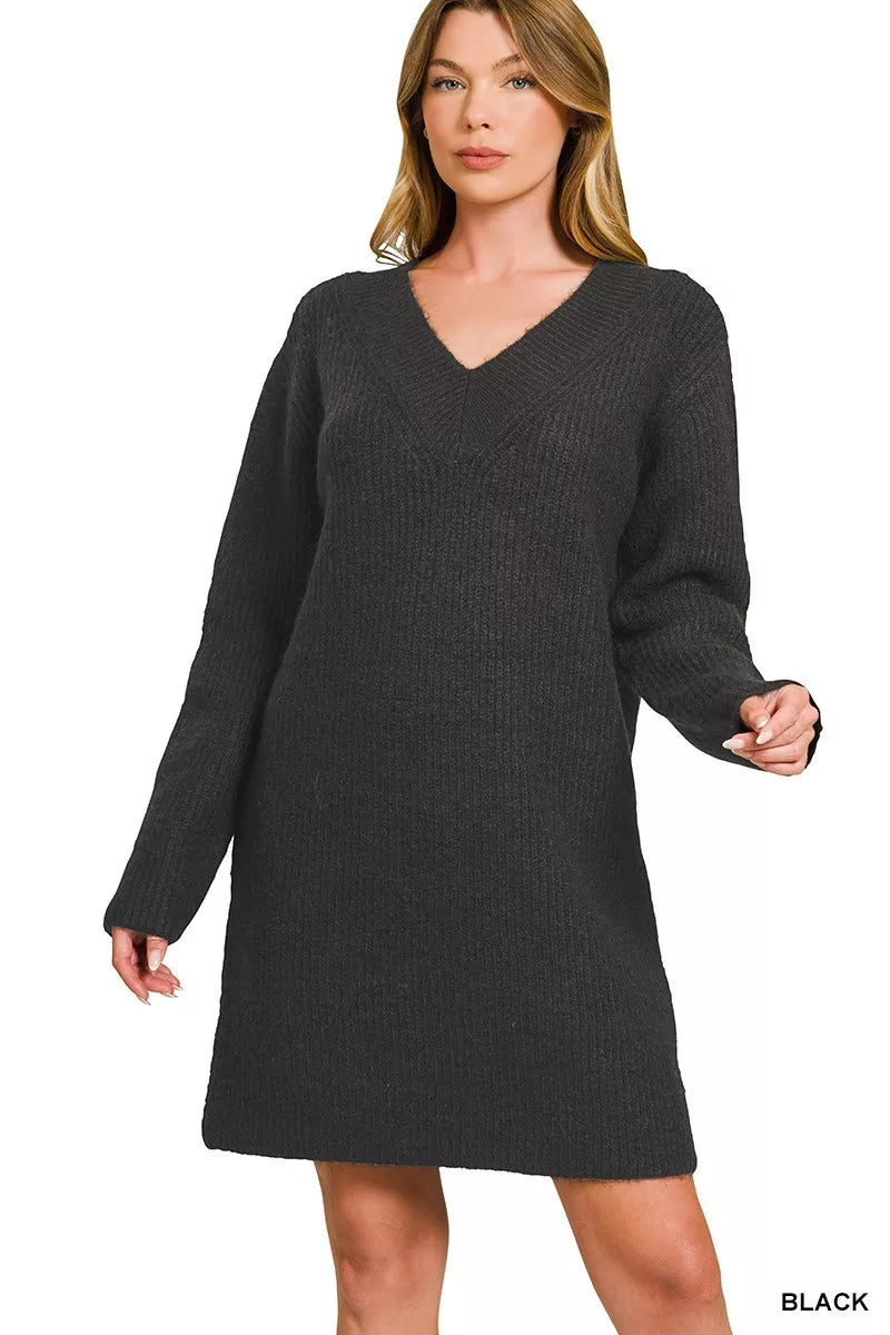 Black V Neck Long Sleeve Ribbed Sweater Dress