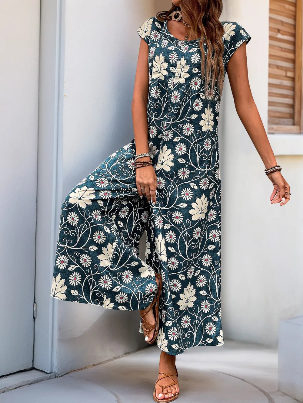 Dark Gray Perfee Printed Round Neck Cap Sleeve Wide Leg Jumpsuit