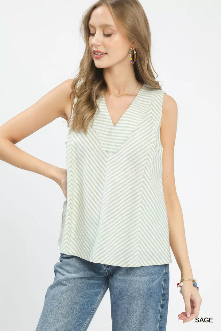 Sage Umgee Mixed Stripe Sleeveless V Neck Top