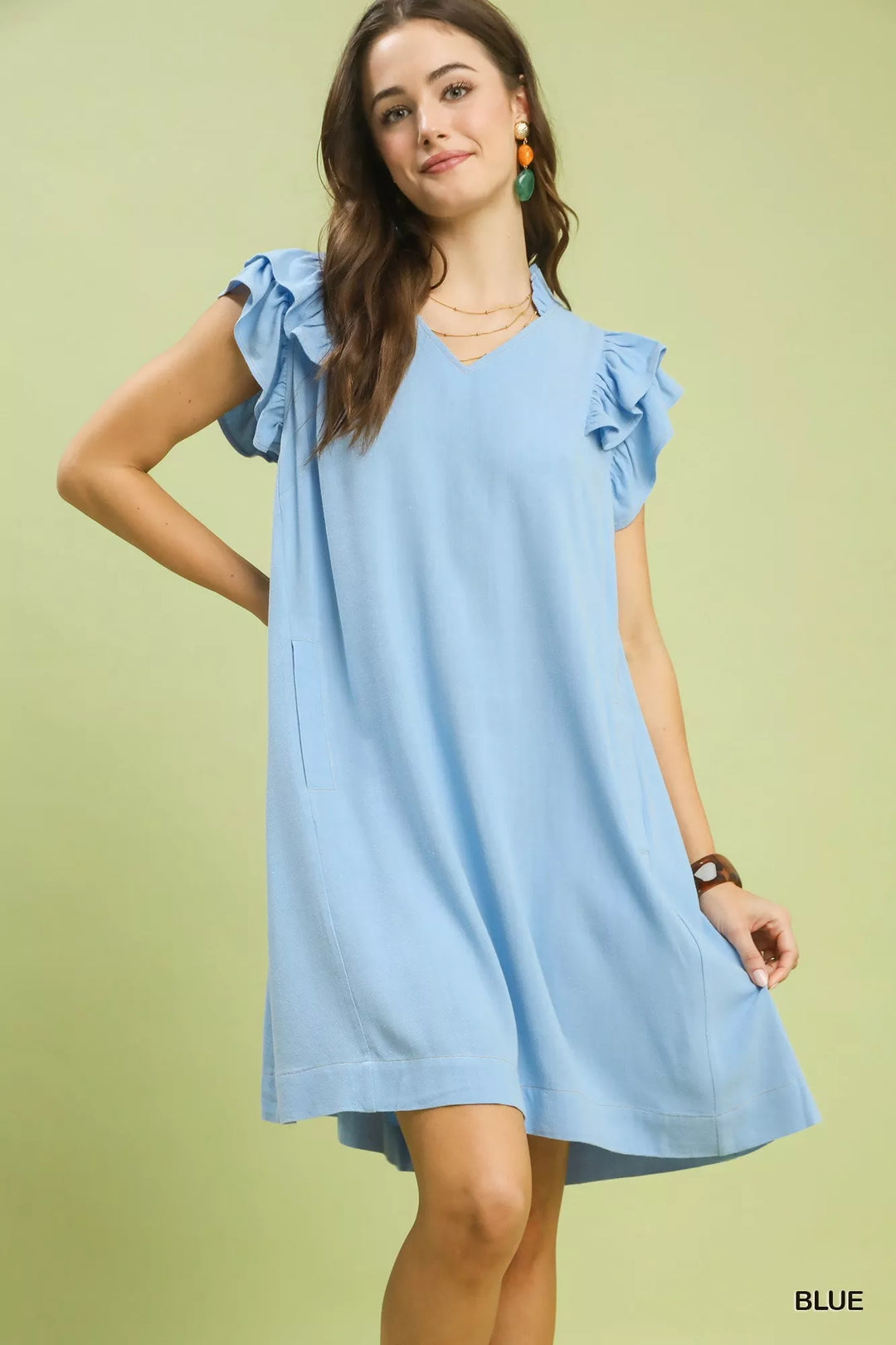 Blue Umgee Linen Flutter Sleeve Shift Dress With Pockets 2