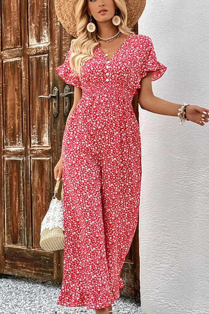 Floral Perfee Printed Tie Back Ruffled Jumpsuit