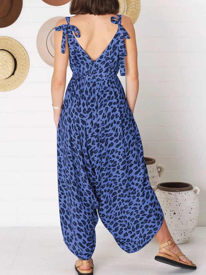 Yellow Full Size Leopard Print V Neck Wide Leg Jumpsuit Plus Size