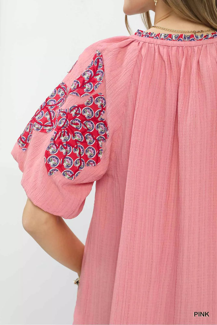 Umgee Embroidered Sleeve Contrast Trim Top 1