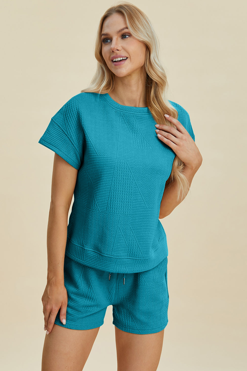 Double Take Full Size Texture Short Sleeve Top And Shorts Set