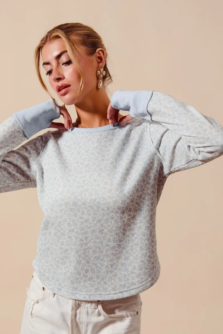 Dusty Blue/Ivory So Me Textued Floral Knit Top With Contrast Cuffs