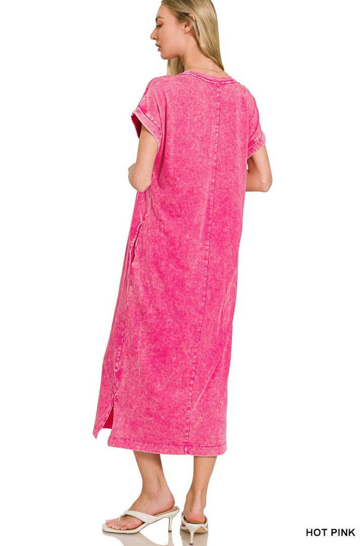Hot Pink Zenana Washed Exposed Seam Short Sleeve T Shirt Dress 2