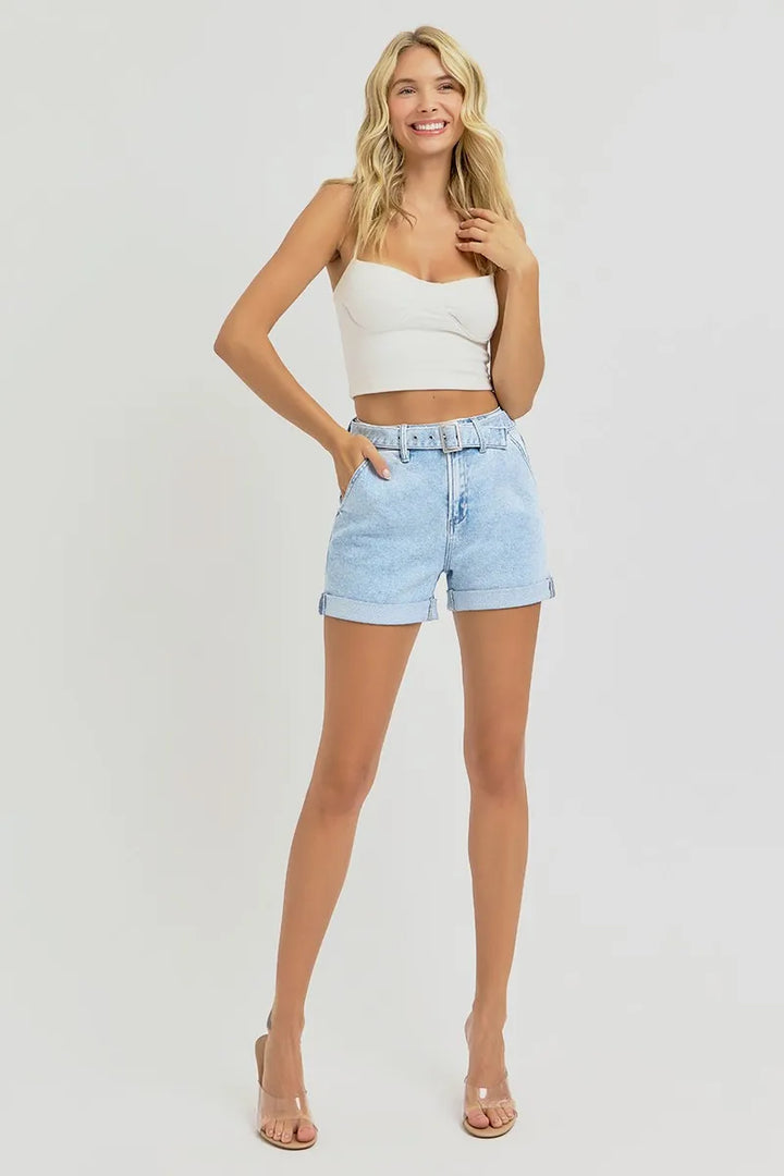 Light Risen Full Size High Rise Belted Roll Up Shorts Plus Size
