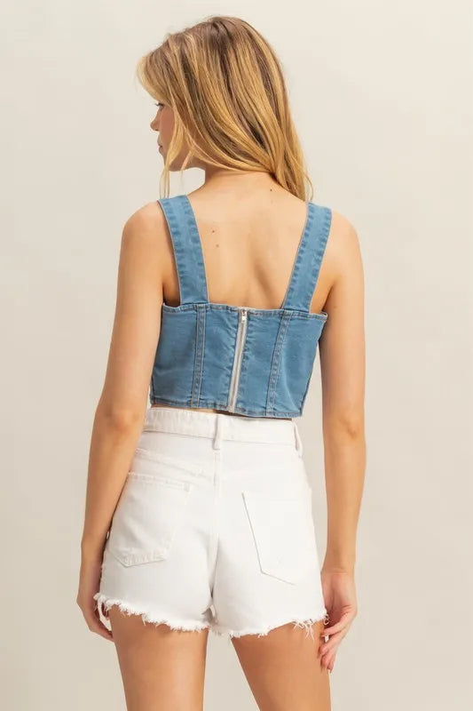 Light Hyfve Washed Sweetheart Neck Wide Strap Denim Tank
