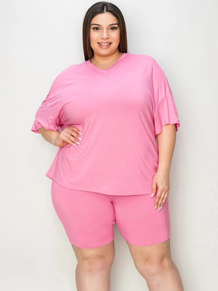 Pink Basic Bae Full Size V Neck Drop Shoulder T Shirt And Shorts Set
