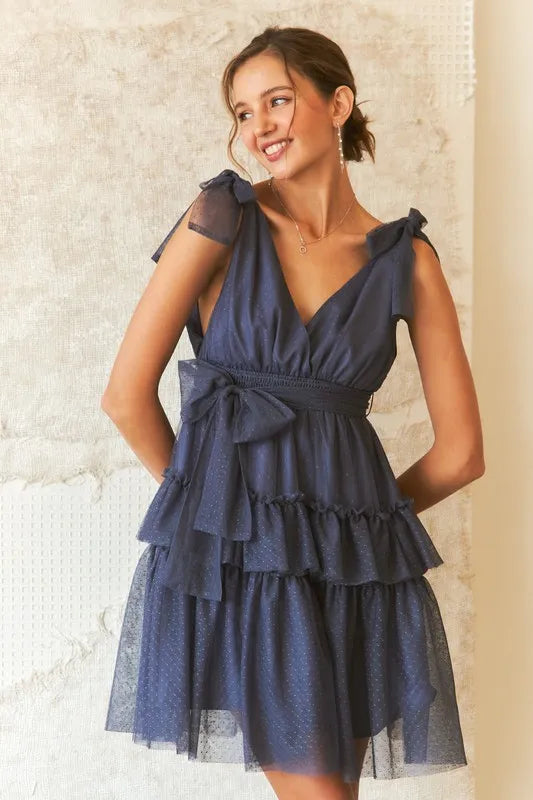 Dark Navy Adora Tie Shoulder Polka Dot Mesh Dress
