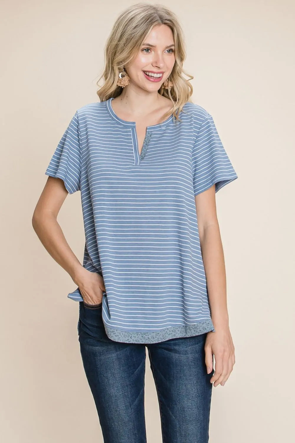 Denim Cotton Bleu By Nu Lab Slit Striped Notched Short Sleeve T Shirt
