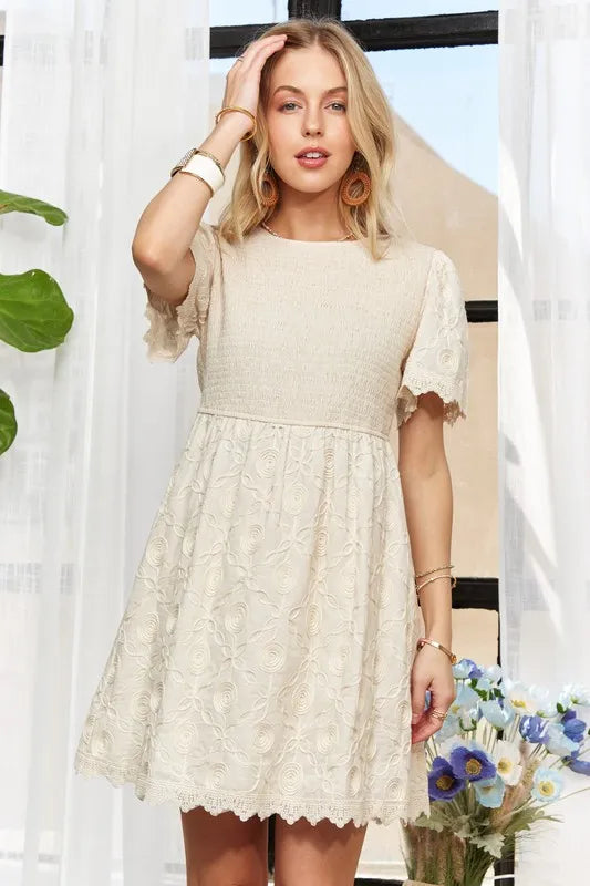 Adora Rround Neck Crinkle Babydoll Dress