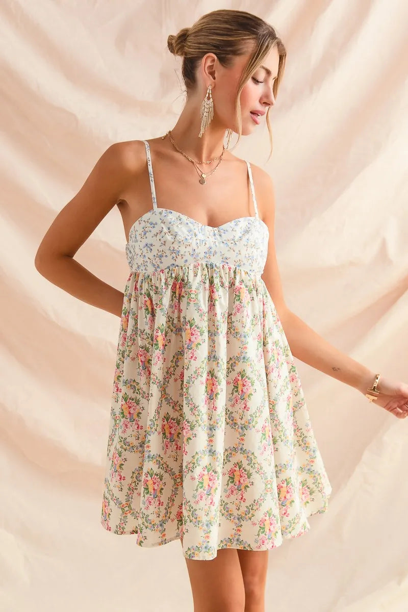 Cream Combo So Me Mixed Floral Print Sleeveless Mini Dress