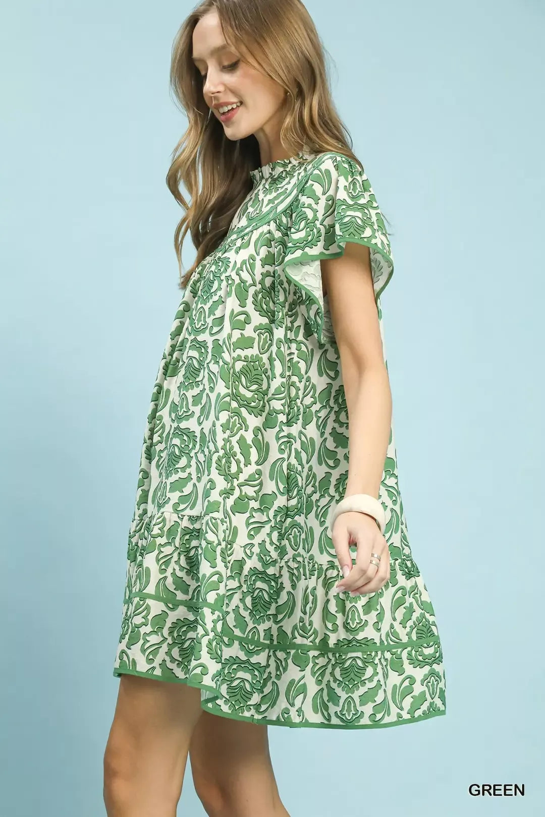 Green Umgee Abstract Print Babydoll Mini Dress 1