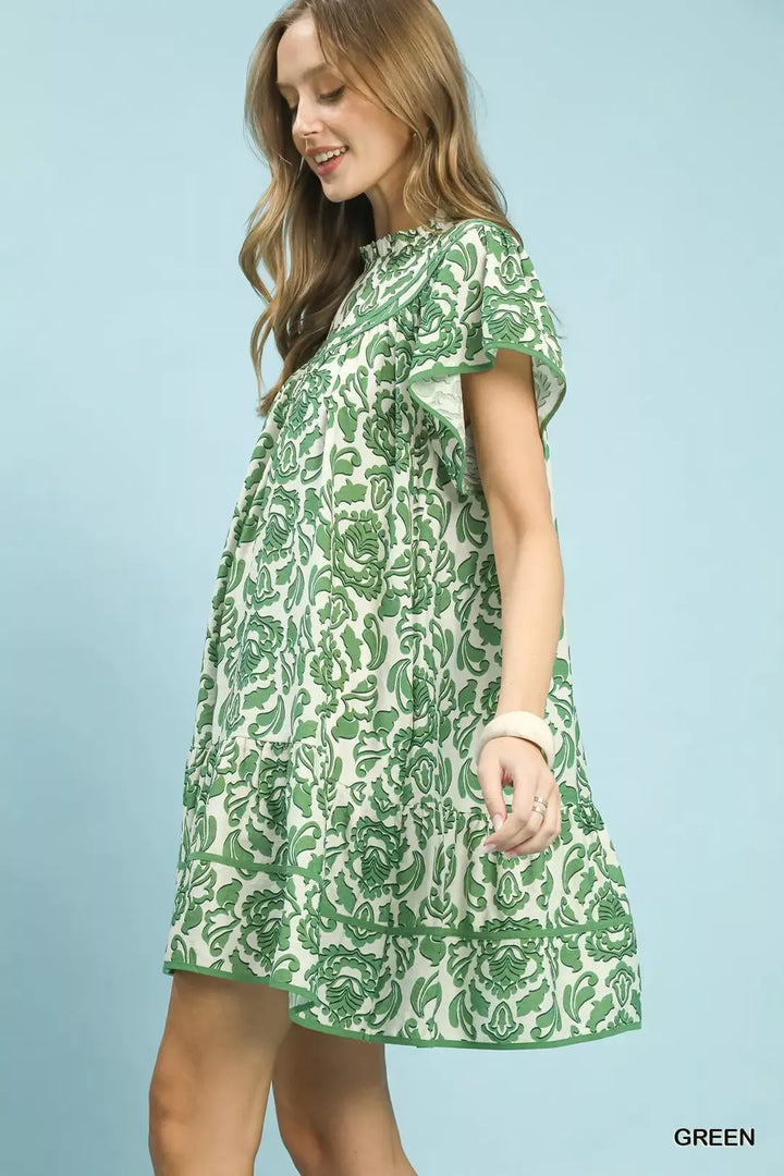 Green Umgee Abstract Print Babydoll Mini Dress 1