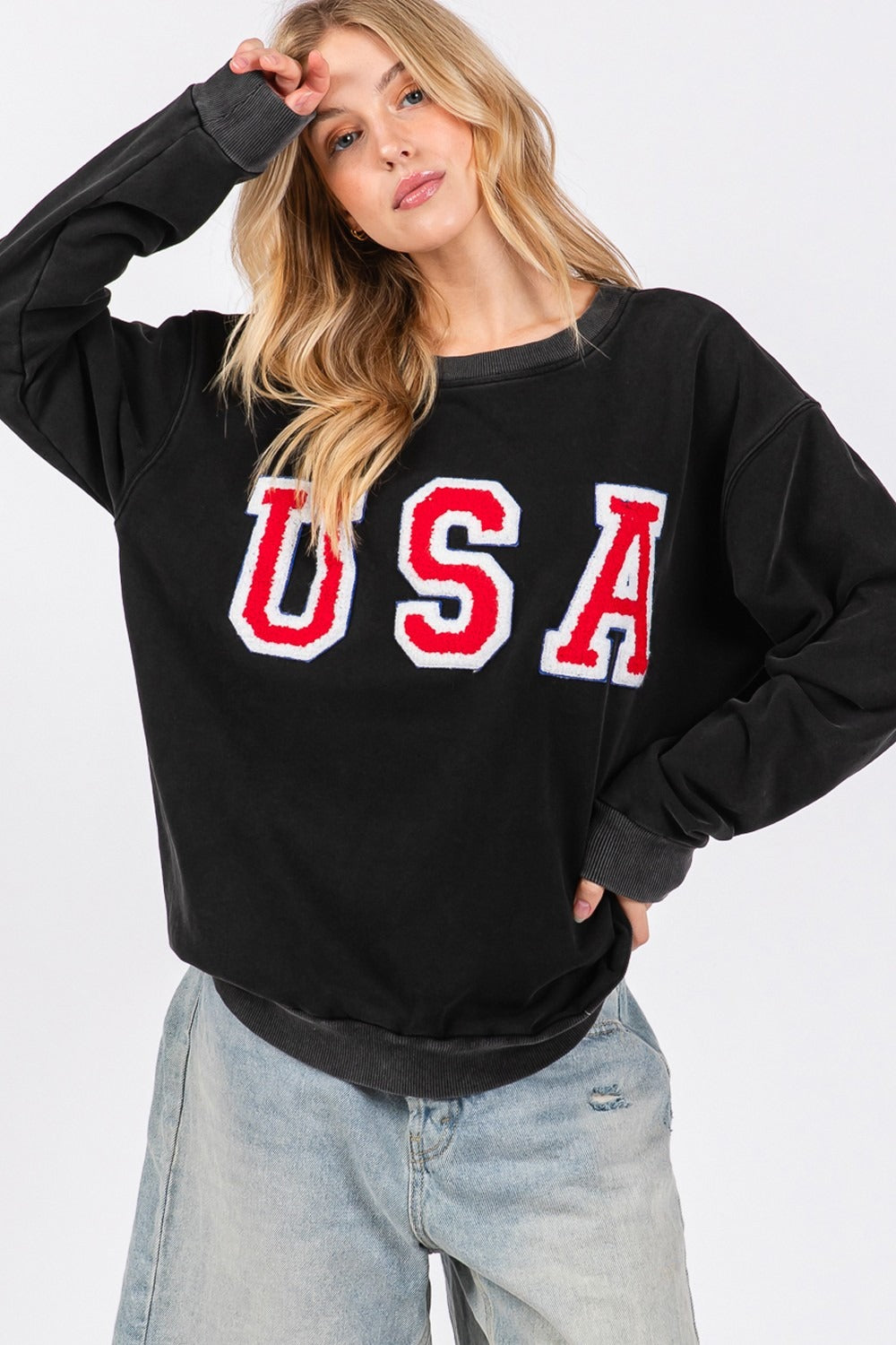 Black Sage Fig Usa Letter Patch Round Neck Sweatshirt