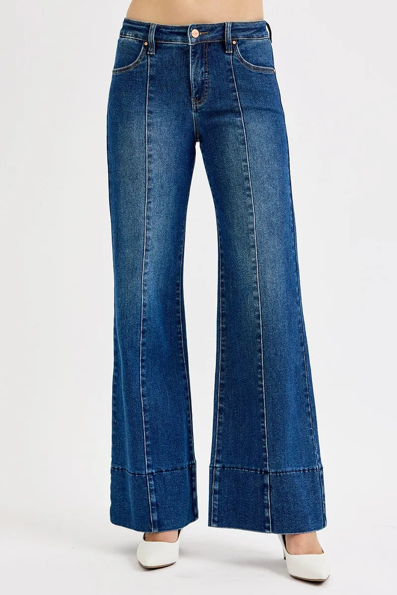 Dark Risen Full Size Tummy Control Mid Rise Ankle Wide Flare Jeans Plus Size