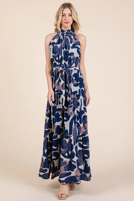 Lime N Chili Abstract Halter Neck Tie Waist Tiered Maxi Dress