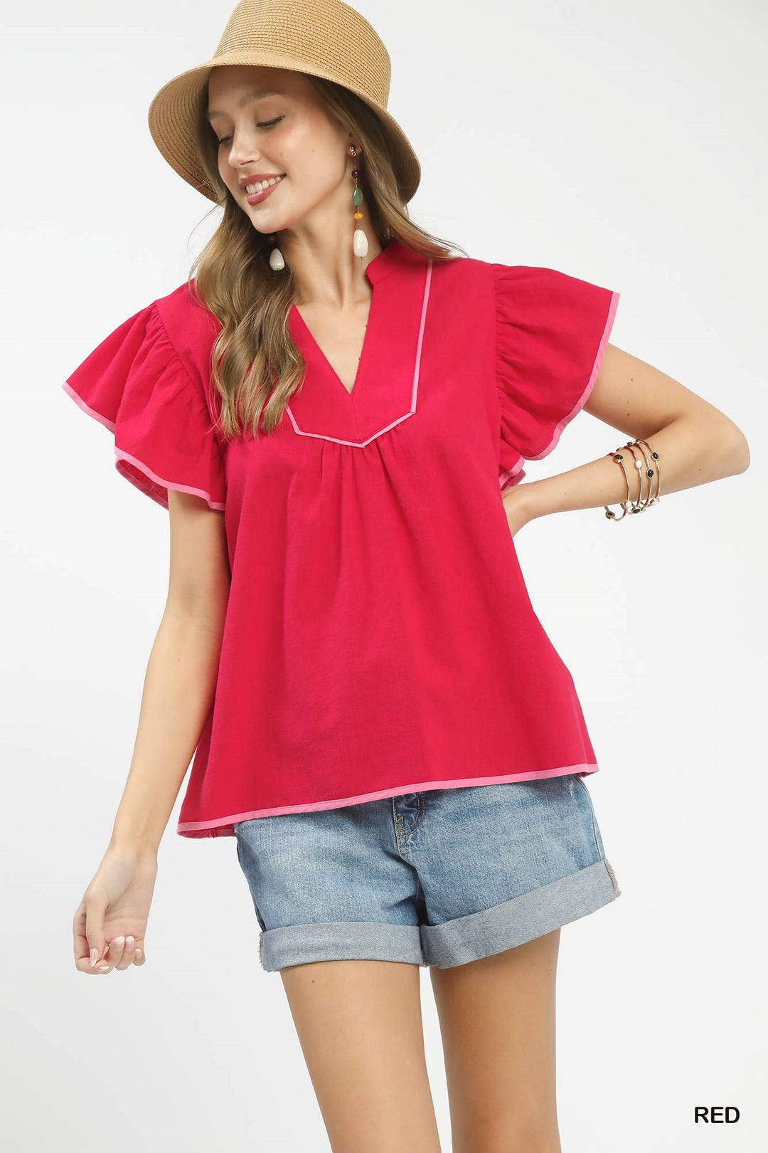 Red Umgee Contrast Trim Babydoll Blouse 1